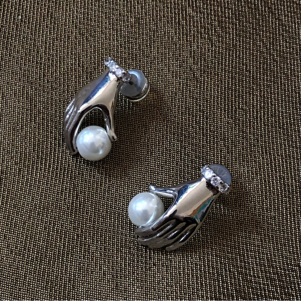 silver hand holding pearl earrings, sterling silver renaissance unique gift
